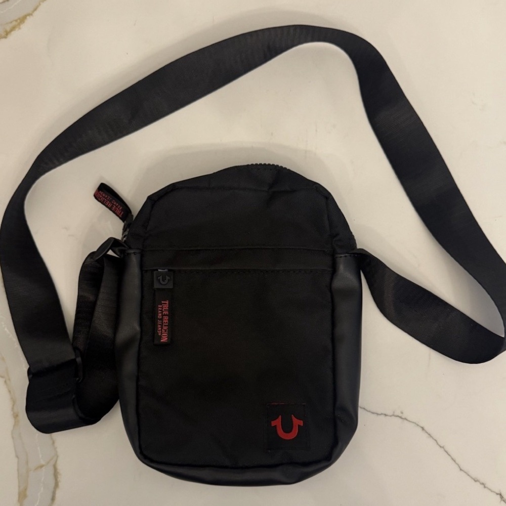 True Religion Small Red Black Sling Crossbody Shoulder Bag Adjustable Strap